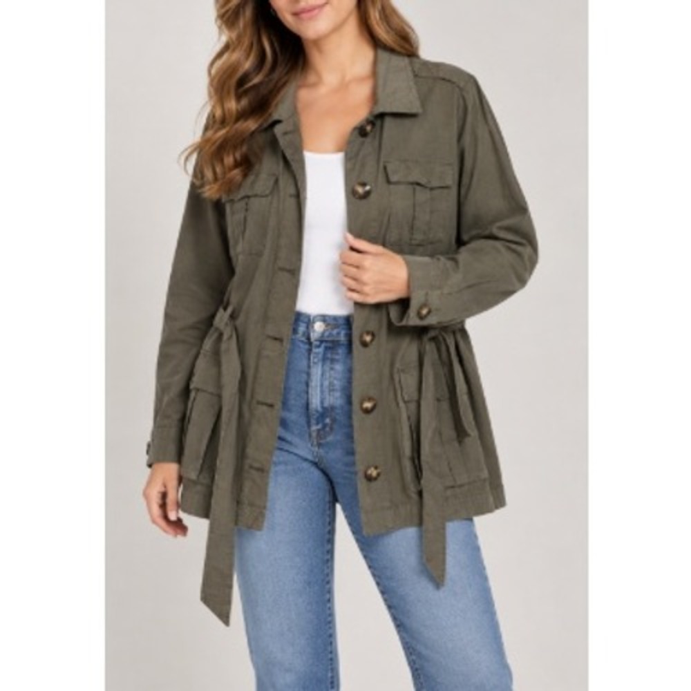 J. Jill Women's Olive Green Utility Field Belted Cargo Pocket Jacket Size L